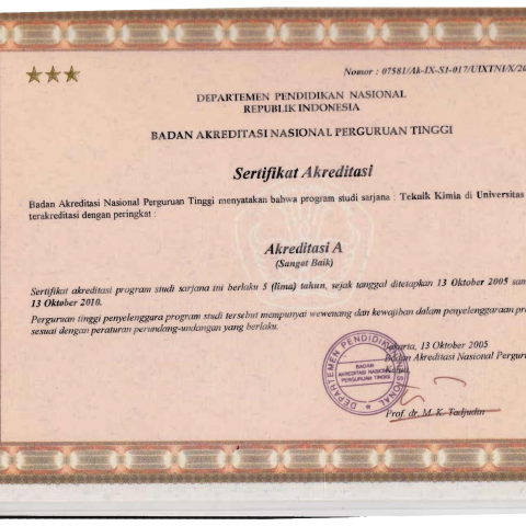 Sertifikat Akreditasi BAN PT S1 Teknik Kimia 2005-2010